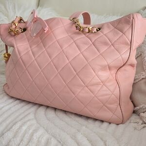 CHANEL Blush Quilted Tote with Gold Chain